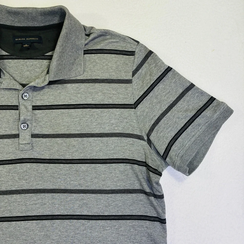 Banana Republic Mens Large Polo Shirt Grey Black Striped Short Sleeve Cotton L